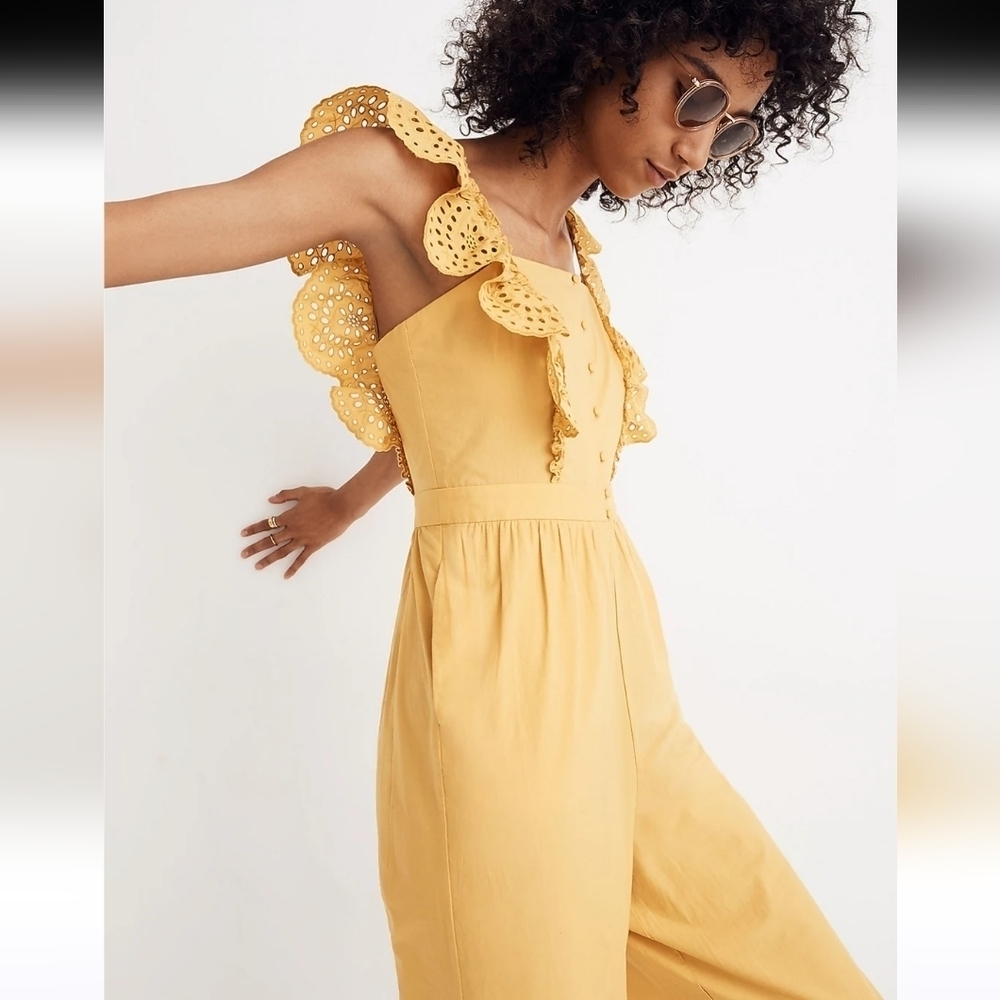 Madewell Eyelet Frilled-Strap Jumpsuit Yellow Size 6 - Picture 3 of 12